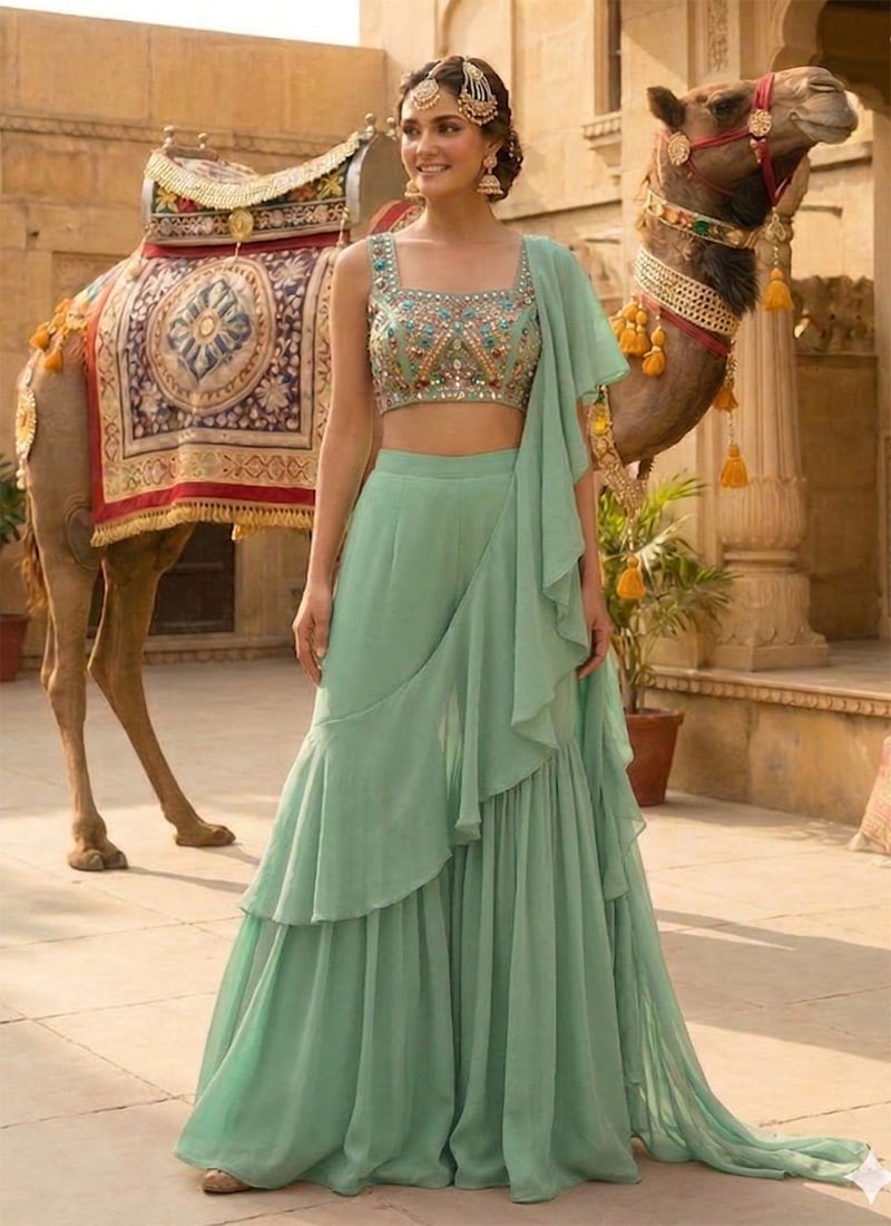 Classic Green Georgette Beads Stones Hand Embroidered Palazzo Style  Saree Wedding Wear