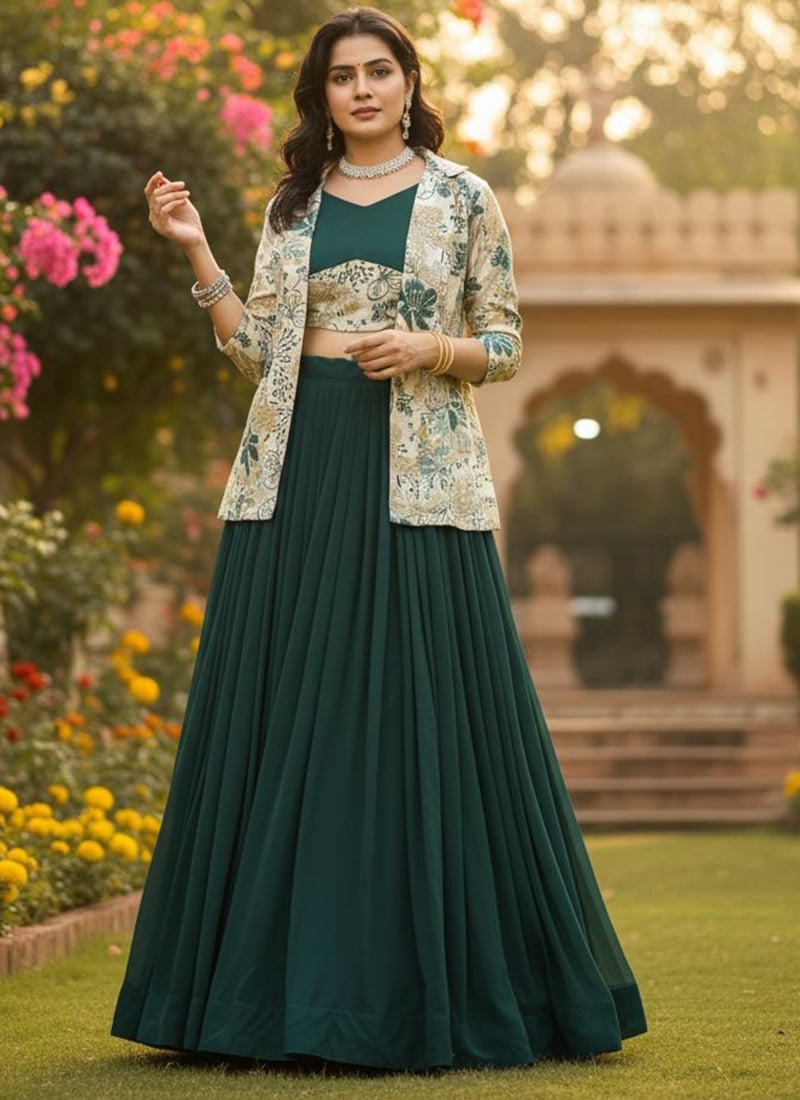 Classic Green Georgette Foil Print Indowestern Set and Suit Wedding Wear