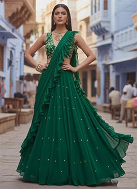 Classic Green Georgette Zari Sequins Cutdana Hand Embroidered Umbrella Lehenga