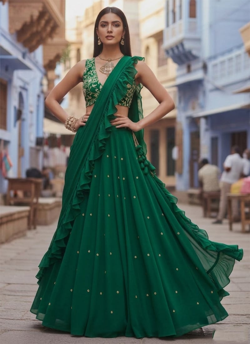 Classic Green Georgette Zari Sequins Cutdana Hand Embroidered Umbrella Lehenga Wedding Wear