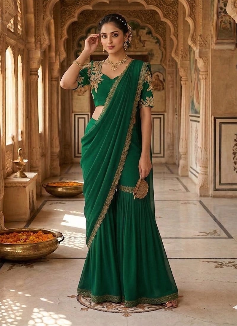 Classic Green Georgette Zari Sequins Traditional Sharara Style Saree Wedding Wear
