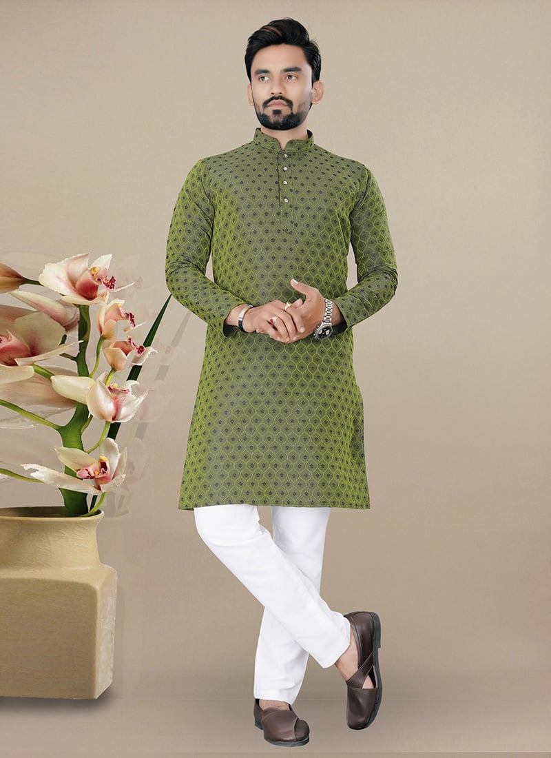 Classic Green Jacquard Silk Kurta Pyjama Festive Wear