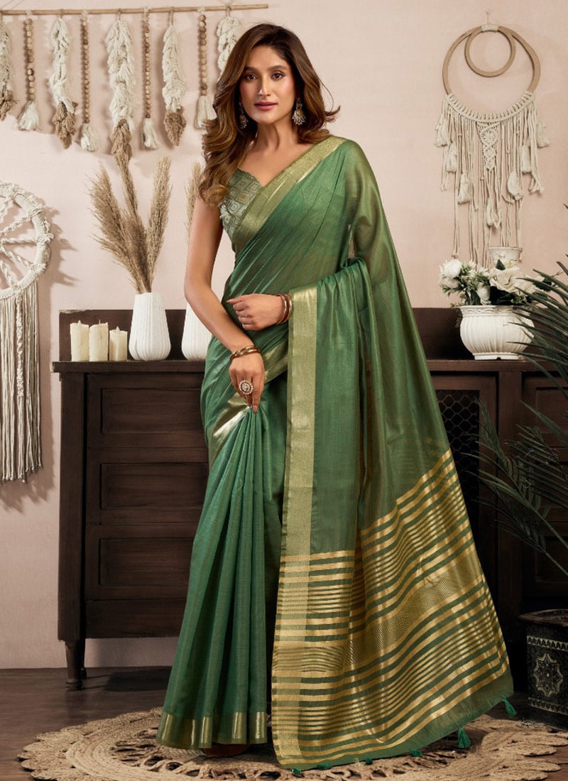 Classic Green Khadi Cotton Zari Saree Festive Wear