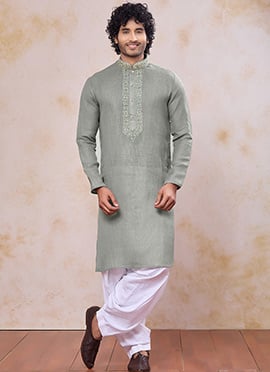 Classic Green Linen Cotton Embroidered Kurta Pyjama