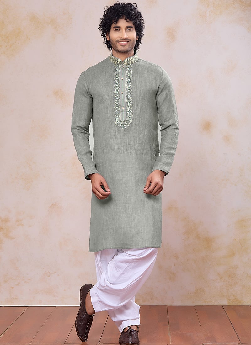 Classic Green Linen Cotton Embroidered Kurta Pyjama Festive Wear