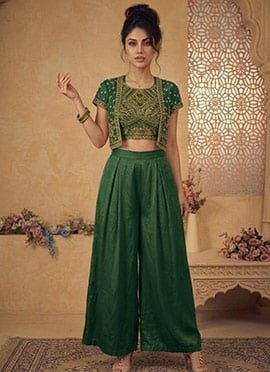 Classic Green Silk Beads Resham Sequins Indowestern Set And Suit