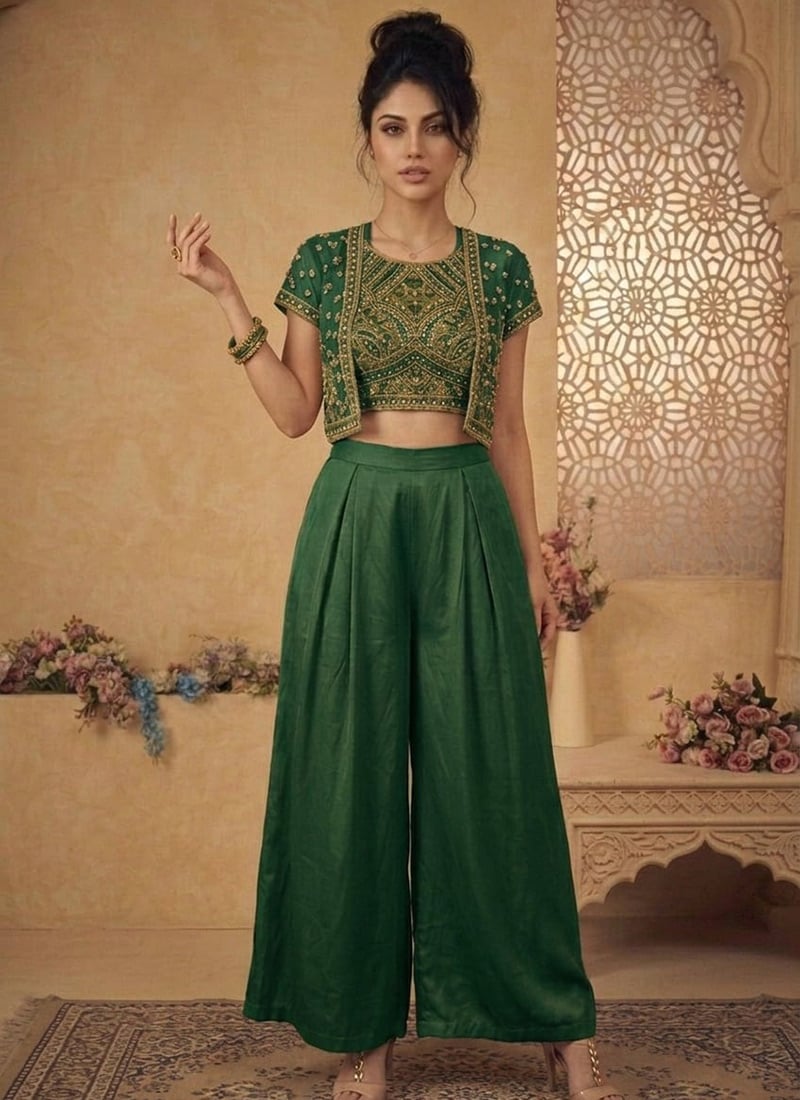 Classic Green Silk Beads Resham Sequins Indowestern Set And Suit Wedding Wear