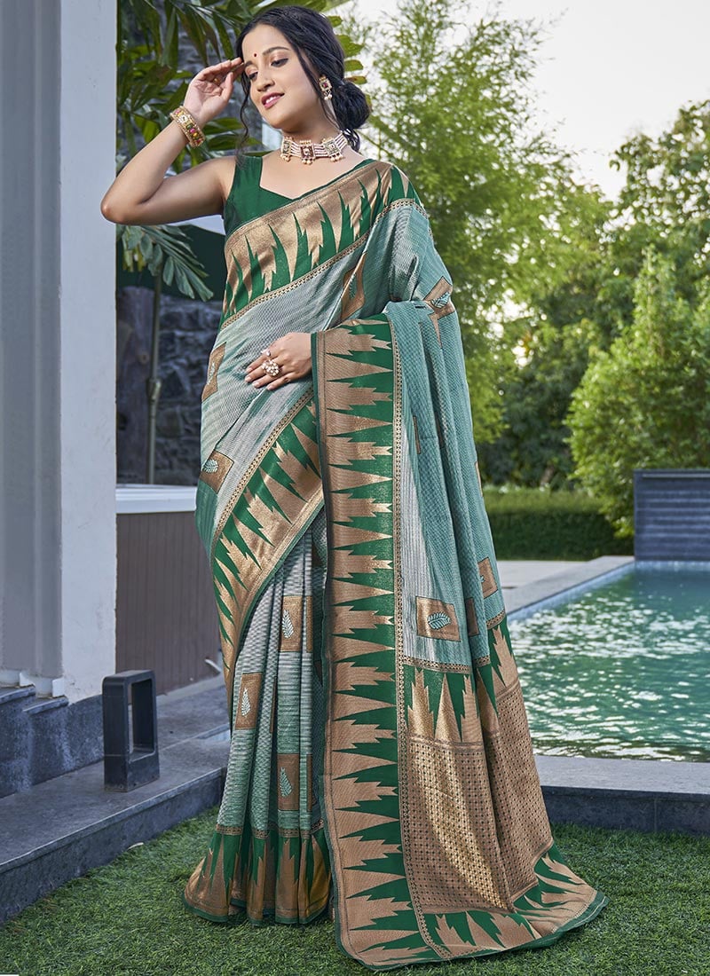 Classic Green Silk Jacquard Woven Saree For Women Festive Wear