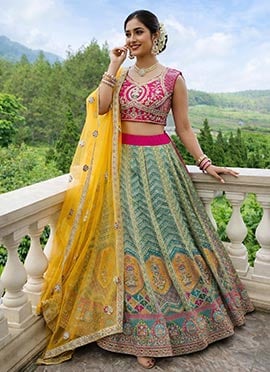 Classic Green Silk Sequins Embroidered Thread Umbrella Lehenga