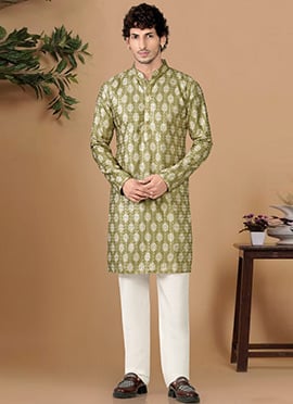 Classic Green Soft Cotton Sequins Embroidered Printed Kurta Pyjama