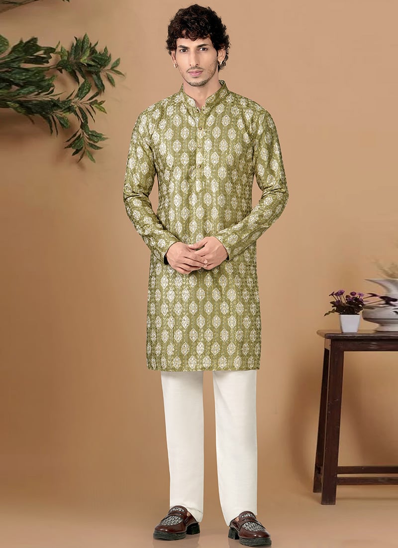 Classic Green Soft Cotton Sequins Embroidered Printed Kurta Pyjama Festive Wear
