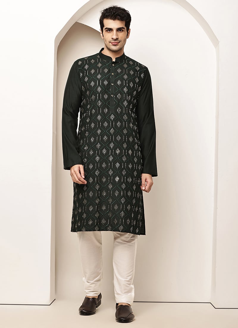 Classic Green Viscose Silk Embroidered Kurta Pyjama Festive Wear