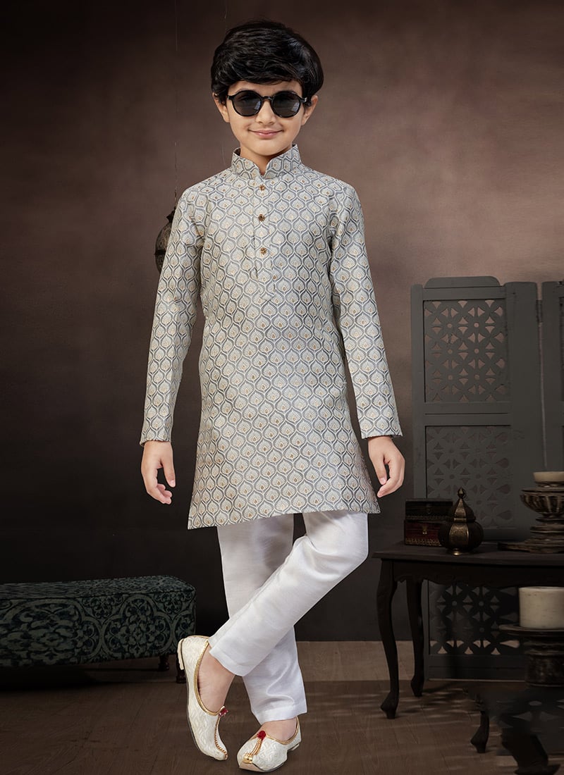 Classic Grey Banarasi Silk Jacquard Thread Lace Work Kids Boys Kurta Pyjama Festive Wear