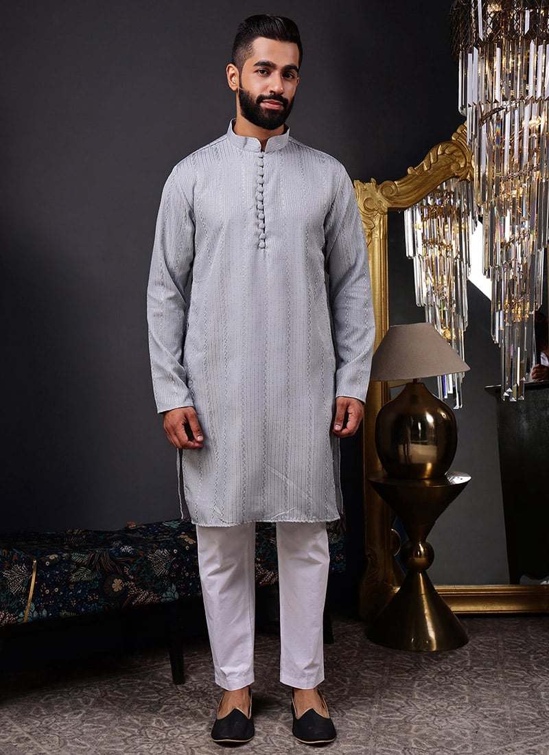 Classic Grey Blended Cotton Sequins Embroidered Kurta Pyjama Festive Wear