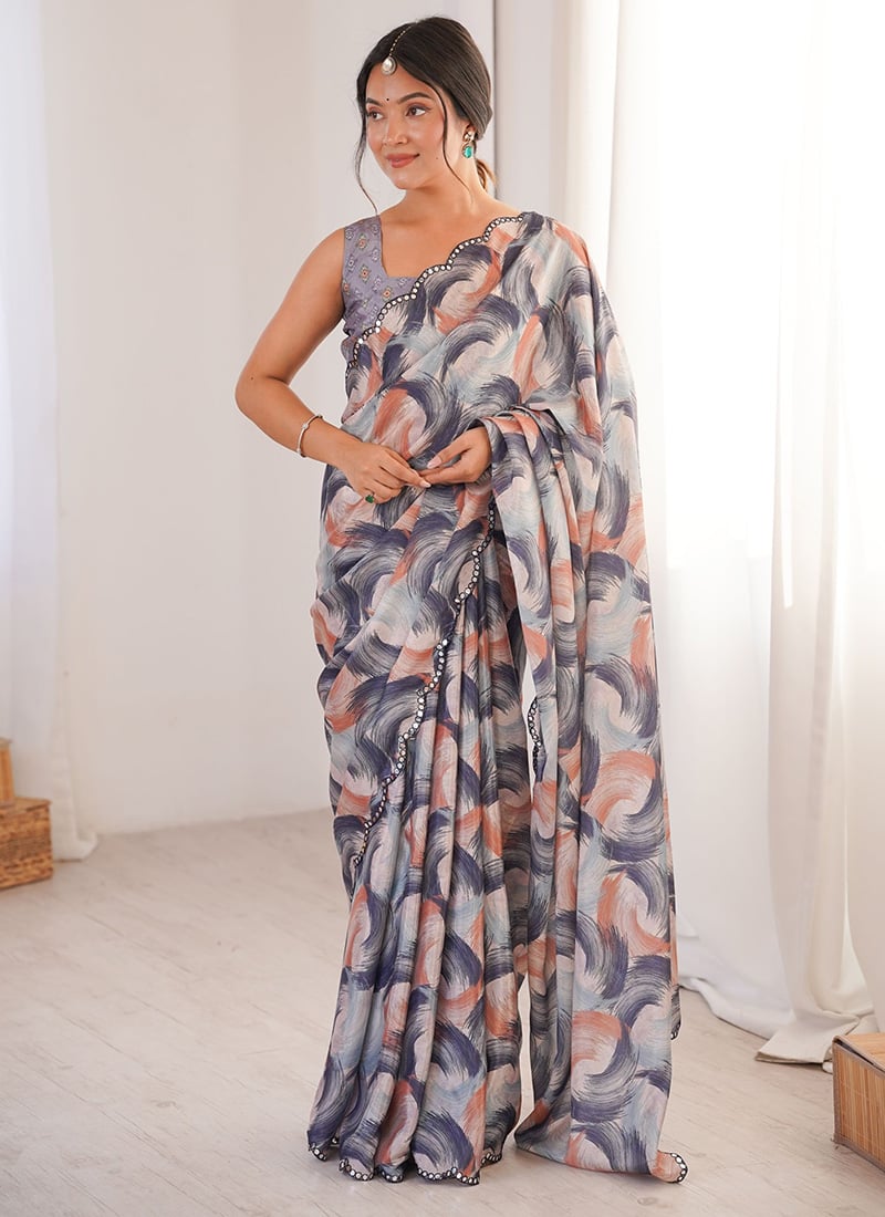 Classic Grey Chinon Digital Floral Print Saree After Six Wear