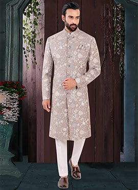 Classic Grey Jacquard Sequins Embroidered Thread Indowestern Sherwani