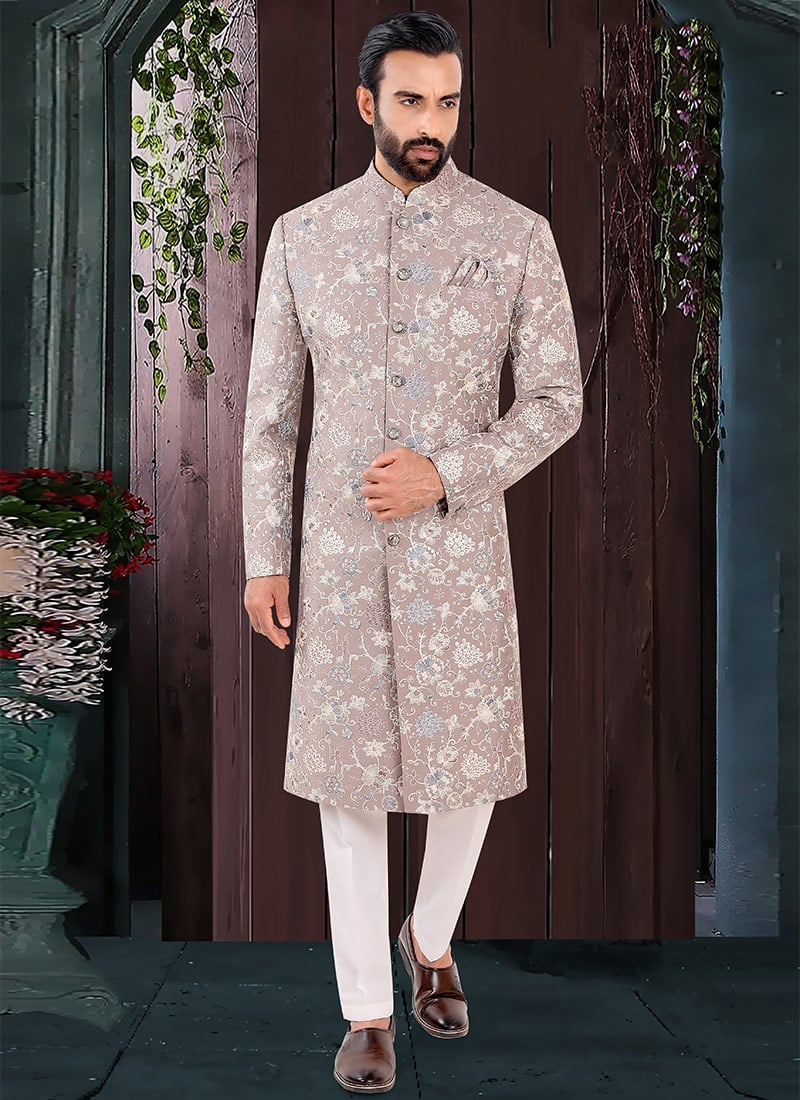 Classic Grey Jacquard Sequins Embroidered Thread Indowestern Sherwani Wedding Wear