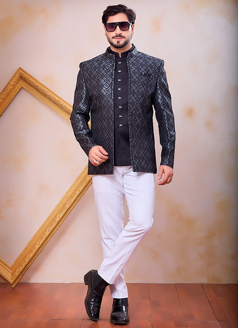Classic Grey Jacquard Silk Bandhgala Jacket