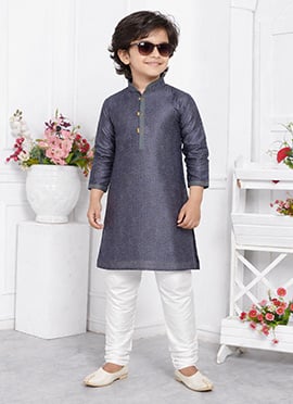 Classic Grey Jacquard Silk Brocade Kids Boys Kurta Pyjama