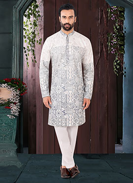 Classic Grey Jacquard Silk Embroidered Sequins Kurta Pyjama