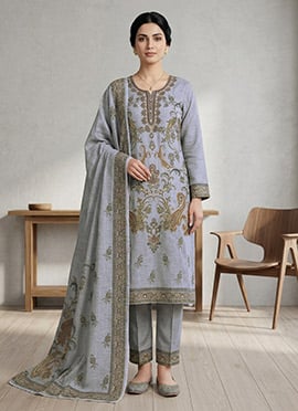 Classic Grey Linen Digital Print Straight Pant Suit