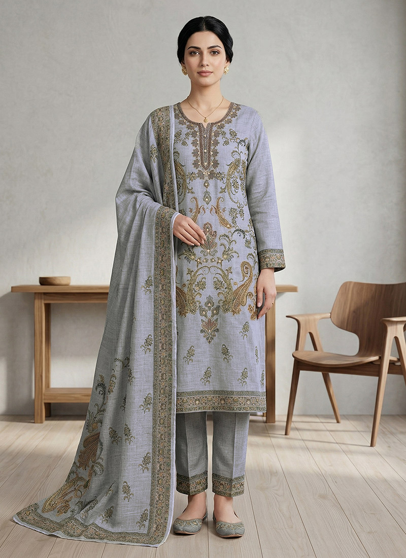 Classic Grey Linen Digital Print Straight Pant Suit After Six Wear