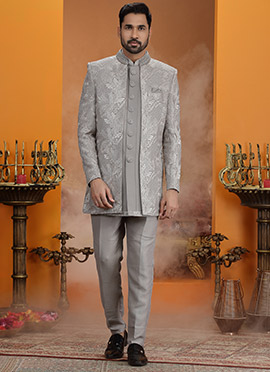 Classic Grey Silk Sequins Embroidered Stones Thread Indowestern Sherwani