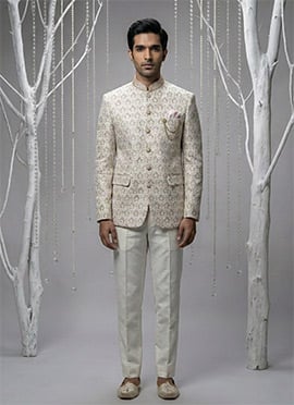 Classic Ivory Silk Sequins Thread Bandhgala Suit