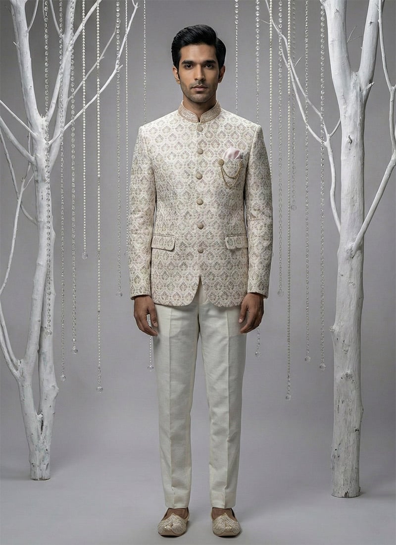 Classic Ivory Silk Sequins Thread Bandhgala Suit Wedding Wear