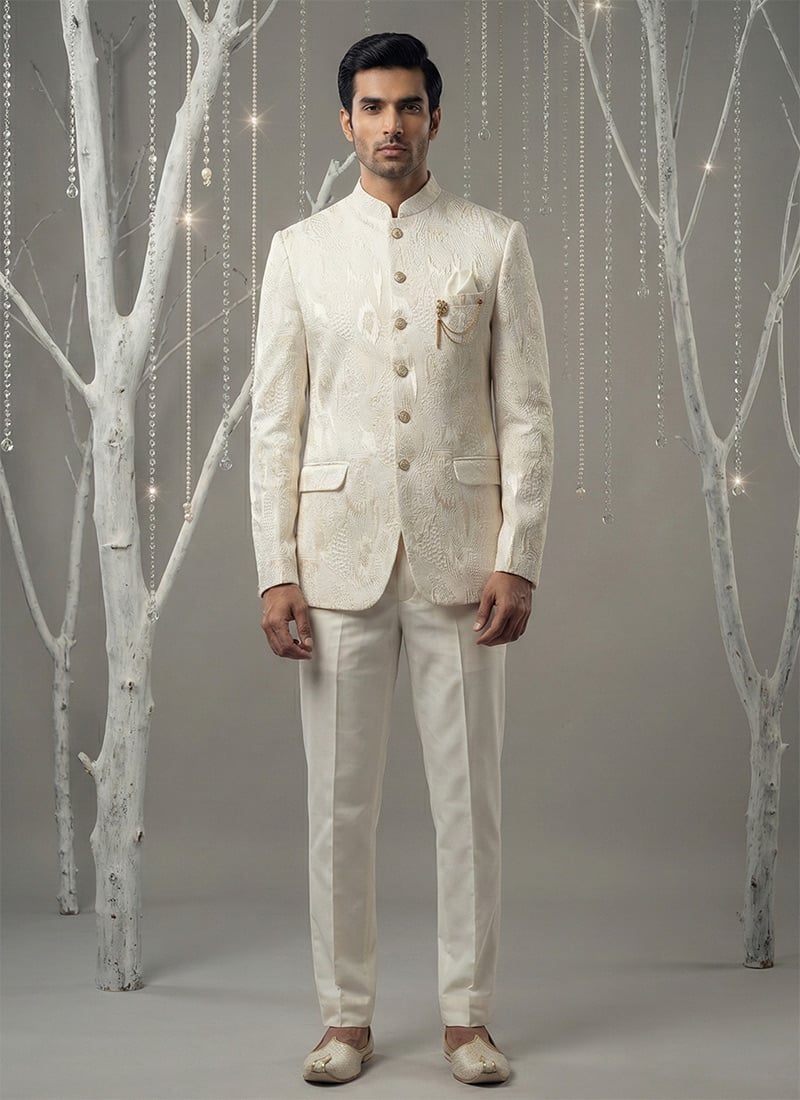 Classic Ivory Suede Embroidered Thread Bandhgala Suit Wedding Wear