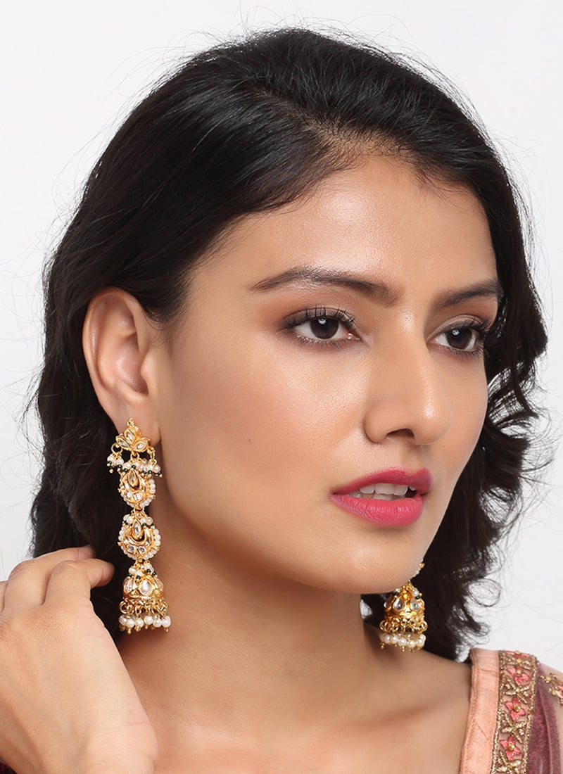 Classic Kundan Danglers With Gold Plating White Stones And White Beads Party Wear