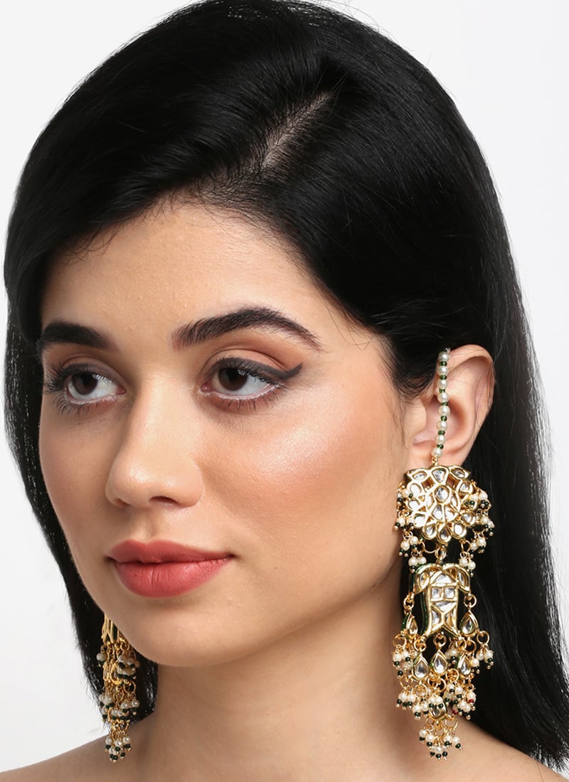 Classic Kundan Danglers With Gold Plating White Stones And White Beads Party Wear