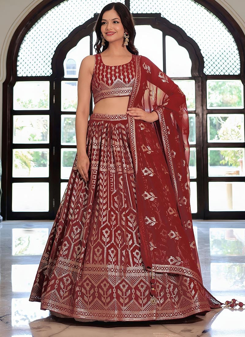 Classic Maroon Art Silk Embroidered Zari Sequins A Line Lehenga Wedding Wear