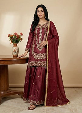 Classic Maroon Chinon Embroidered Sequins Palazzo Suit
