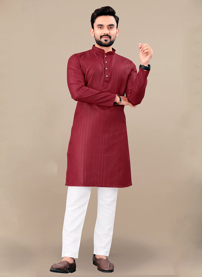 Classic Maroon Cotton Blend Zari Kurta Pyjama Festive Wear