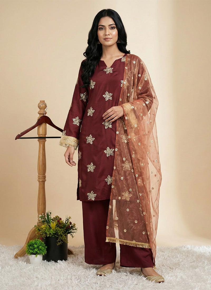Classic Maroon Crepe Silk Embroidered Straight Pant Suit Festive Wear