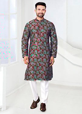 Classic Maroon Jacquard Silk Printed Kurta Pyjama