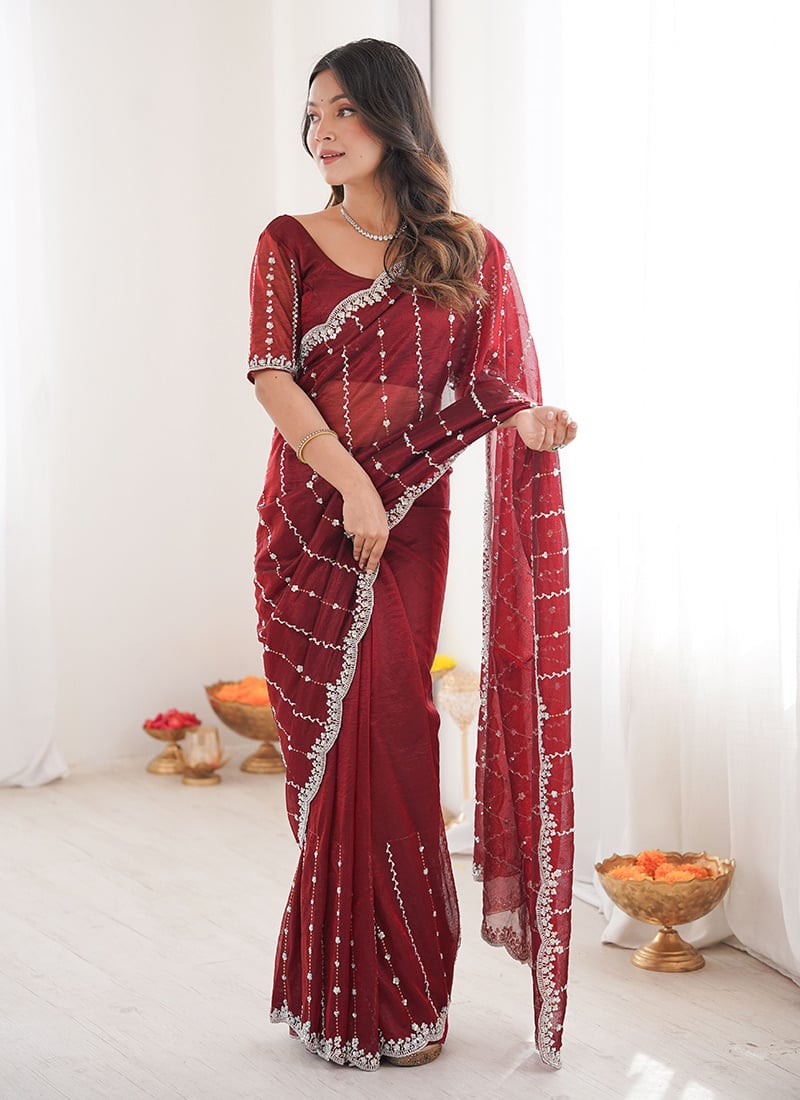 Classic Maroon Net Sequins Cutdana Work Saree   Festive Wear
