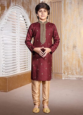 Classic Maroon Silk Embroidered Kids Boys Kurta Pyjama