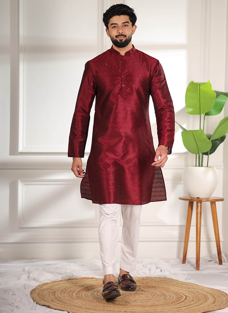Classic Maroon Silk Woven Designer Kurta Pyjama Festive Wear