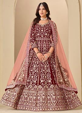 Classic Maroon Velvet Zari Embroidered Sequins Anarkali Suit