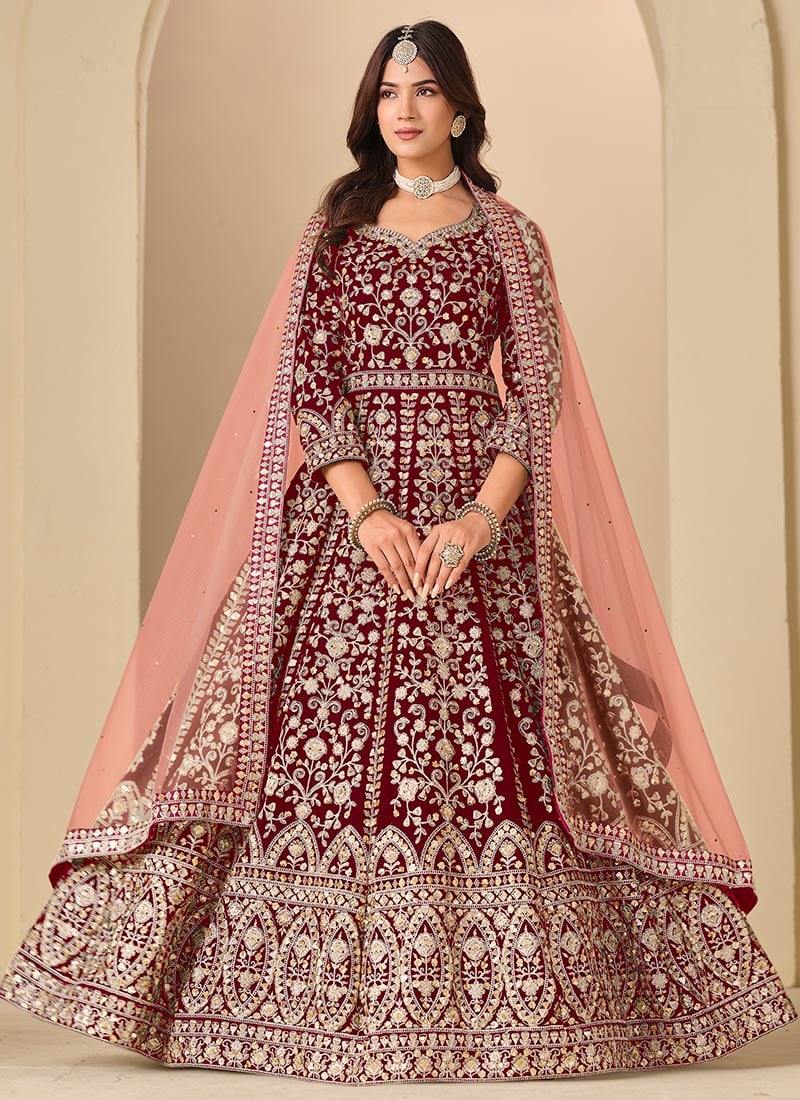 Classic Maroon Velvet Zari Embroidered Sequins Anarkali Suit Wedding Wear