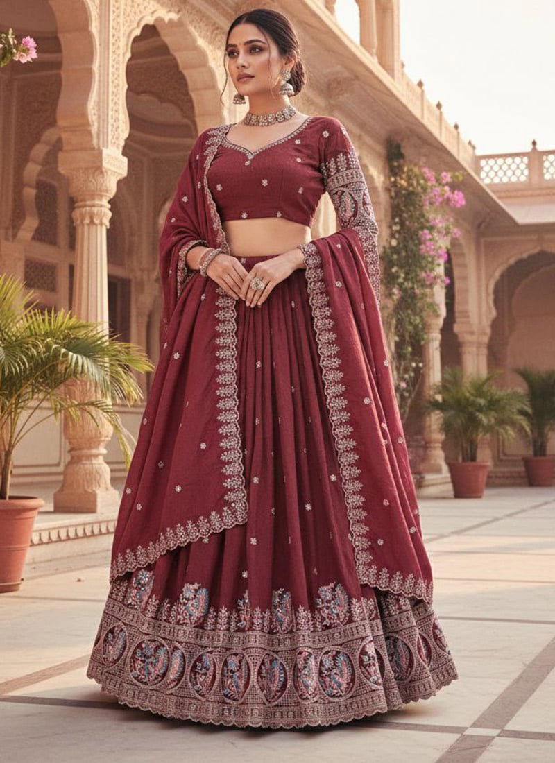 Classic Maroon Vichitra Silk Embroidered Sequins Zari Umbrella Lehenga Wedding Wear