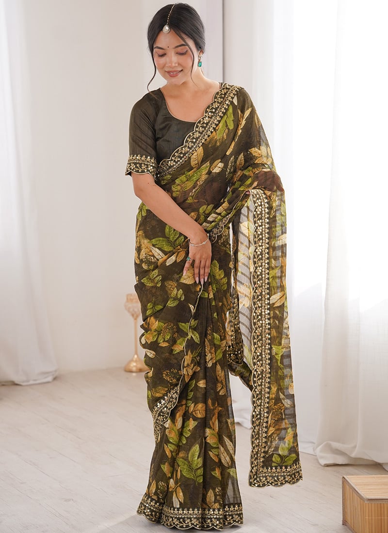 Classic Mehendi Green Georgette Embroidered Sequins Floral Print Saree After Six Wear