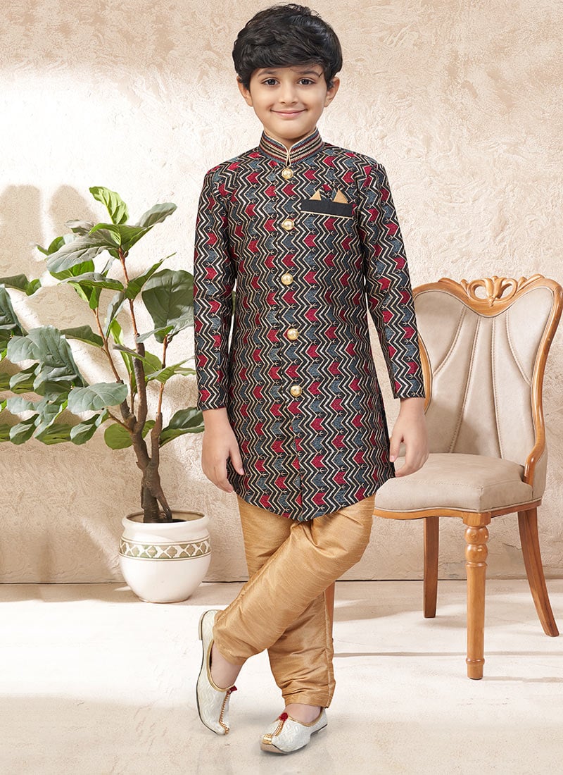 Classic Multicolored Banarasi Silk Stone Work Kids Boys Indowestern Sherwani Wedding Wear