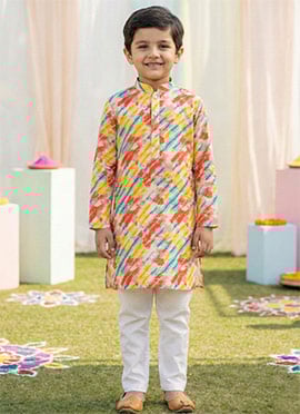 Classic Multicolored Cotton Digital Print Kids Boys Kurta Pyjama