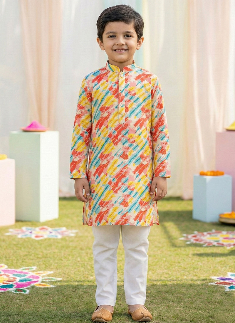 Classic Multicolored Cotton Digital Print Kids Boys Kurta Pyjama Festive Wear