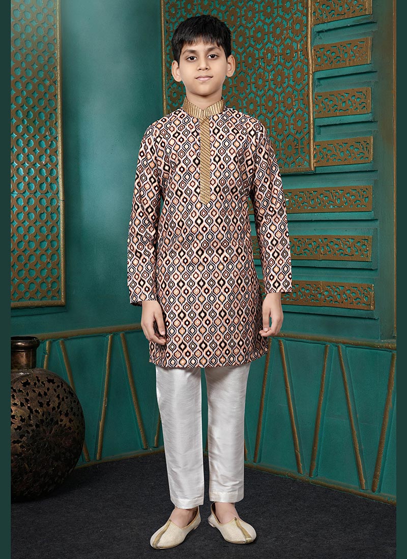 Classic Multicolored Cotton Digital Print Kids Boys Kurta Pyjama Festive Wear