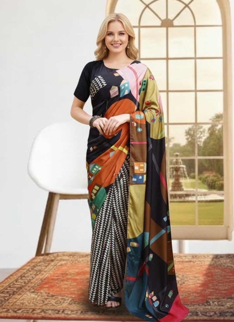 Classic Multicolored Silk Crepe Digital Print Saree After Six Wear