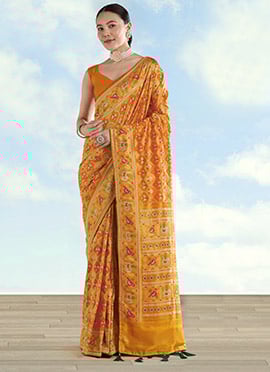 Classic Mustard Banarasi Satin Silk Patola Zari Woven Saree